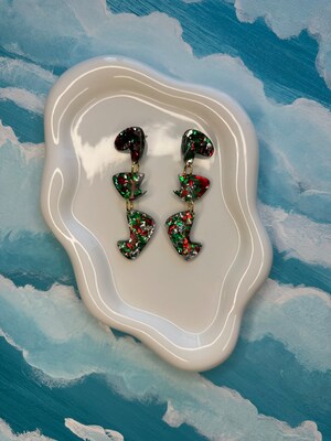 Handcrafted Resin Mid Century Modern Shaped Statement Earrings with Retro Christmas Glitter Flakes - image4